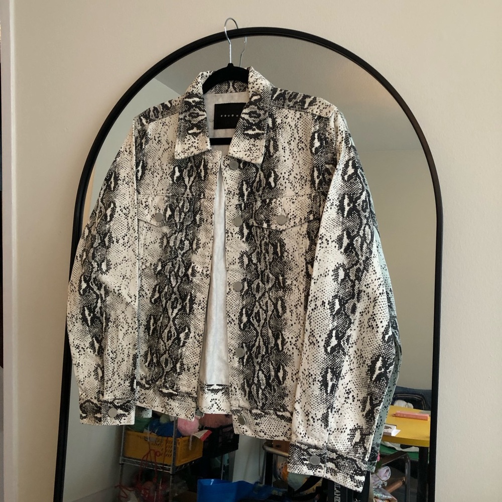 Blank NYC Snake Print White Denim Jacket